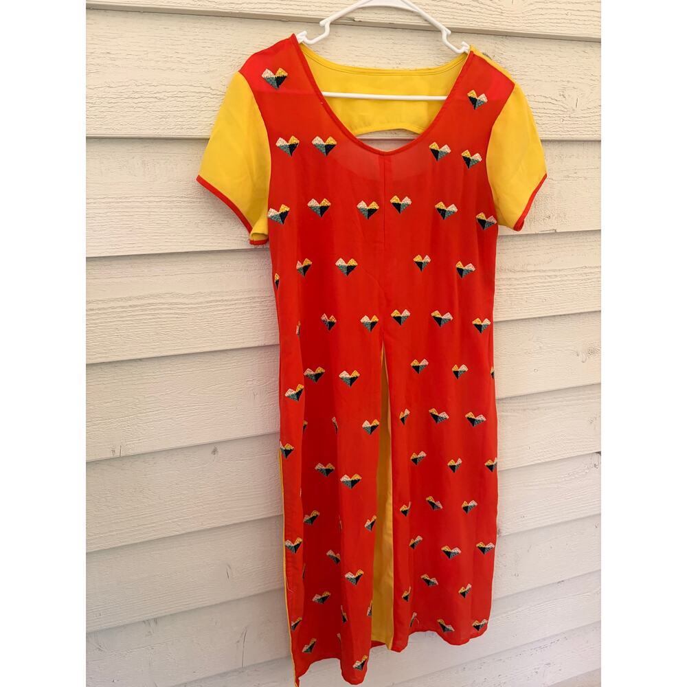 Paislei Red Yellow Embroidered Heart Tunic Dress Size L - Picture 3 of 8
